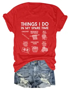 Women's funny crochet themed red short sleeve t-shirt casual top with graphic print.