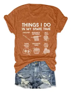 Women's funny yarn craft print short sleeve t-shirt paired with casual denim shorts.