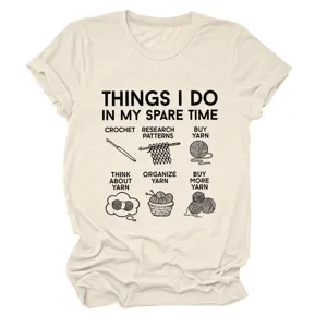 Beige short sleeve women t-shirt with funny crochet yarn craft print graphic casual top.