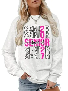 Damen Lässig Langarm Sweatshirt Class Of 2027 Senior Buchstaben Druck Pullover Top