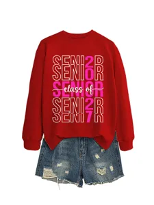 Damen Freizeit Class of Senior 2027 Druck Langarm Sweatshirt und Jeansshorts Outfit