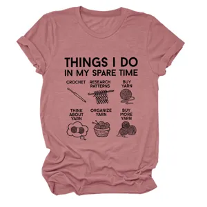 Casual women's crewneck short sleeve t-shirt with funny crochet yarn hobby graphic print.