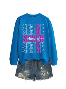 Blaue Damen Langarm Sweatshirt Pullover mit Aufdruck Schulabschluss 2027 Design.