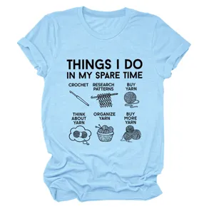 Women funny crochet yarn graphic tee casual short sleeve round neck light blue t-shirt