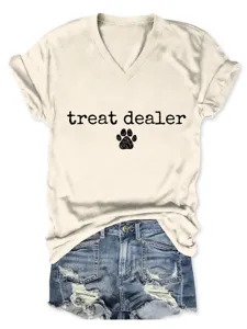 T-shirt décontracté pour femme col V et manches courtes avec joli imprimé patte de chien.
