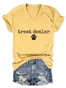 Femme Casual Col V Manches Courtes T-Shirt Mignon Lettre Imprimé Été Hauts Tops