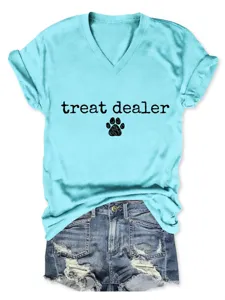 T-shirt femme turquoise décontracté à col V et manches courtes avec motif imprimé.