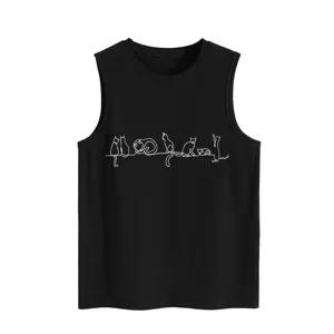 Details of the black sleeveless tank top featuring cute line art cats graphic print.