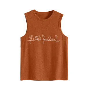 Detail shot of women's sleeveless tank top featuring a cute white minimalist line art cat print.