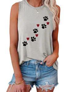 Close-up detail of casual women's grey sleeveless tank top with cute paw prints and hearts.