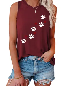 Women Summer Casual Loose Tank Top Cute Paw Prints Heart Graphic Sleeveless Shirt Blouse