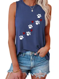 Women casual loose summer tank top with cute paw print and heart graphic, blue sleeveless shirt.