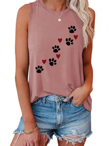 Women casual loose sleeveless tank top with cute paw print and heart graphic design summer