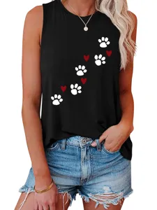 Women casual summer black tank top featuring cute white paw prints and red heart patterns.