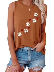 Detailed view of women's casual brown tank top featuring cute white paw prints and red hearts.