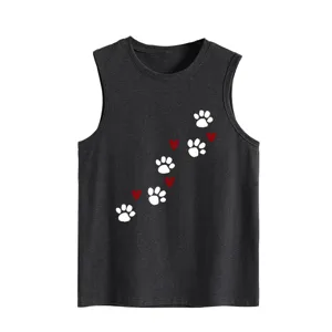 Women's casual loose sleeveless tank top featuring cute white paw prints and red hearts for summer.