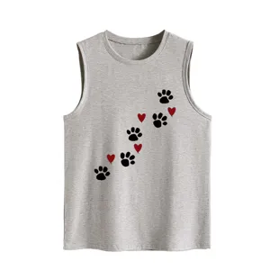 Detailed view of the cute paw print and heart pattern on the gray casual summer women's tank top.