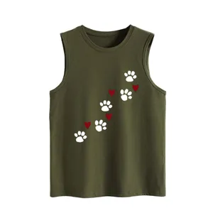 Women casual loose green tank top with white paw prints and red hearts for summer.