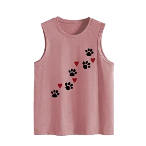Casual women's summer tank top in pink with cute paw print and heart graphic pattern.