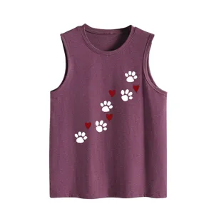 Detailed view of casual women purple sleeveless tank top featuring cute animal paw and heart prints.