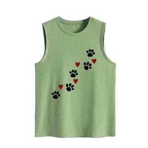 Women casual summer green tank top with cute black paw prints and red heart design.
