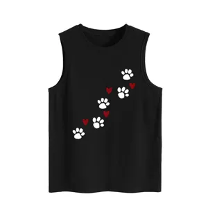 Detailed view of women's black tank top featuring cute white paw prints and red heart patterns.