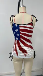 Detail view of the American flag print camisole top with star stripe pattern and side ruching.