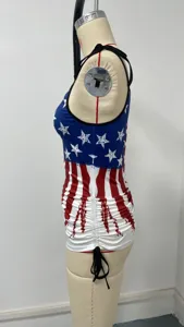 American flag print women's camisole top with star stripe pattern and side drawstring.