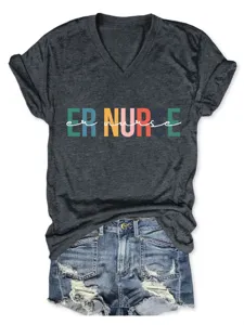 Women v-neck short sleeve t-shirt with er nurse print, casual gray tee for daily wear.