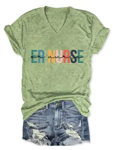 Olive green V-neck short sleeve tee with colorful ER nurse graphic print and denim shorts.