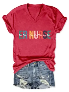 Women V-Neck Short Sleeve Casual T-Shirt ER NURSE Print Summer Top Fashion Tee Wear