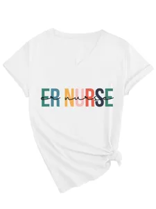 Close up detail of women white V-neck short sleeve t-shirt with ER NURSE graphic print knot.