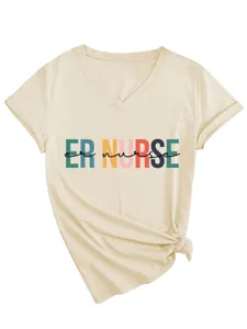 Detail view of casual V-neck women t-shirt with colorful chest text and stylish side knot hem.
