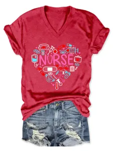Damen V-Ausschnitt Krankenschwester Druck Kurzarm T-Shirt Herz Medizinische Grafik Top