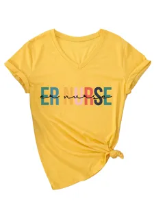 Women yellow V-neck short sleeve T-shirt casual graphic tee with knot hem ER NURSE print.