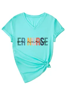 Women's casual V-neck short sleeve T-shirt with ER NURSE graphic print in turquoise.