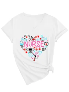 Damen V-Ausschnitt Kurzarm Krankenschwester T-Shirt Medizinisches Herz Grafik Top