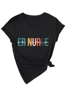 Women black V-neck short sleeve T-shirt with stylish knot hem and ER nurse graphic print.