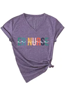 Women's V-neck short sleeve t-shirt with roll cuffs, cute ER nurse graphic tee top.