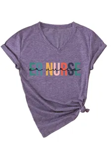 Women v-neck short sleeve t-shirt casual heather purple tee with letter print and knot hem.
