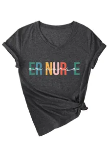 Close-up view of dark grey V-shirt featuring ER NURSE text print and front knot detail.