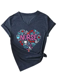 Damen V-Ausschnitt Kurzarm T-Shirt Medizinische Herz Druck Casual Sommer Tops
