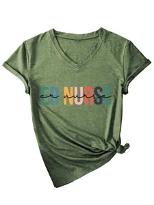 Casual women's V-neck short sleeve T-shirt with graphic print, comfortable daily wear.