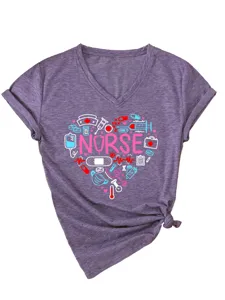 Damen Krankenschwester Herz Druck V-Ausschnitt Kurzarm T-Shirt Freizeit Sommer Top
