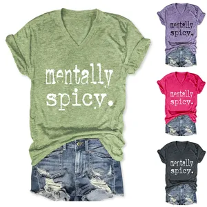 Damen V-Ausschnitt Kurzarm T-Shirt mit mentally spicy Druck, lässiges bequemes Sommertop.