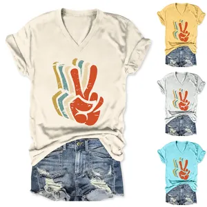 Women's V-Neck Short Sleeve T-Shirt Vintage Peace Sign Graphic Casual Tee in Four Colors