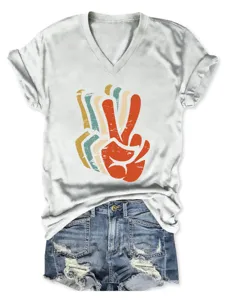 Casual retro peace sign print V-neck short sleeve t-shirt close up fine detail view.
