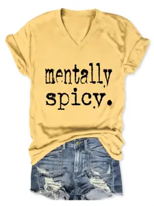 Modisches Damen Freizeit V-Ausschnitt Kurzarm gelbes T-Shirt mit lustigem Buchstaben.