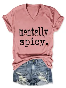 Rosa V-Ausschnitt Kurzarm T-Shirt mit lustigem Buchstabenprint und Aufschlag Damen.