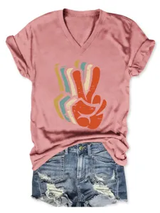 Women vintage peace sign graphic v-neck short sleeve t-shirt casual summer top tee